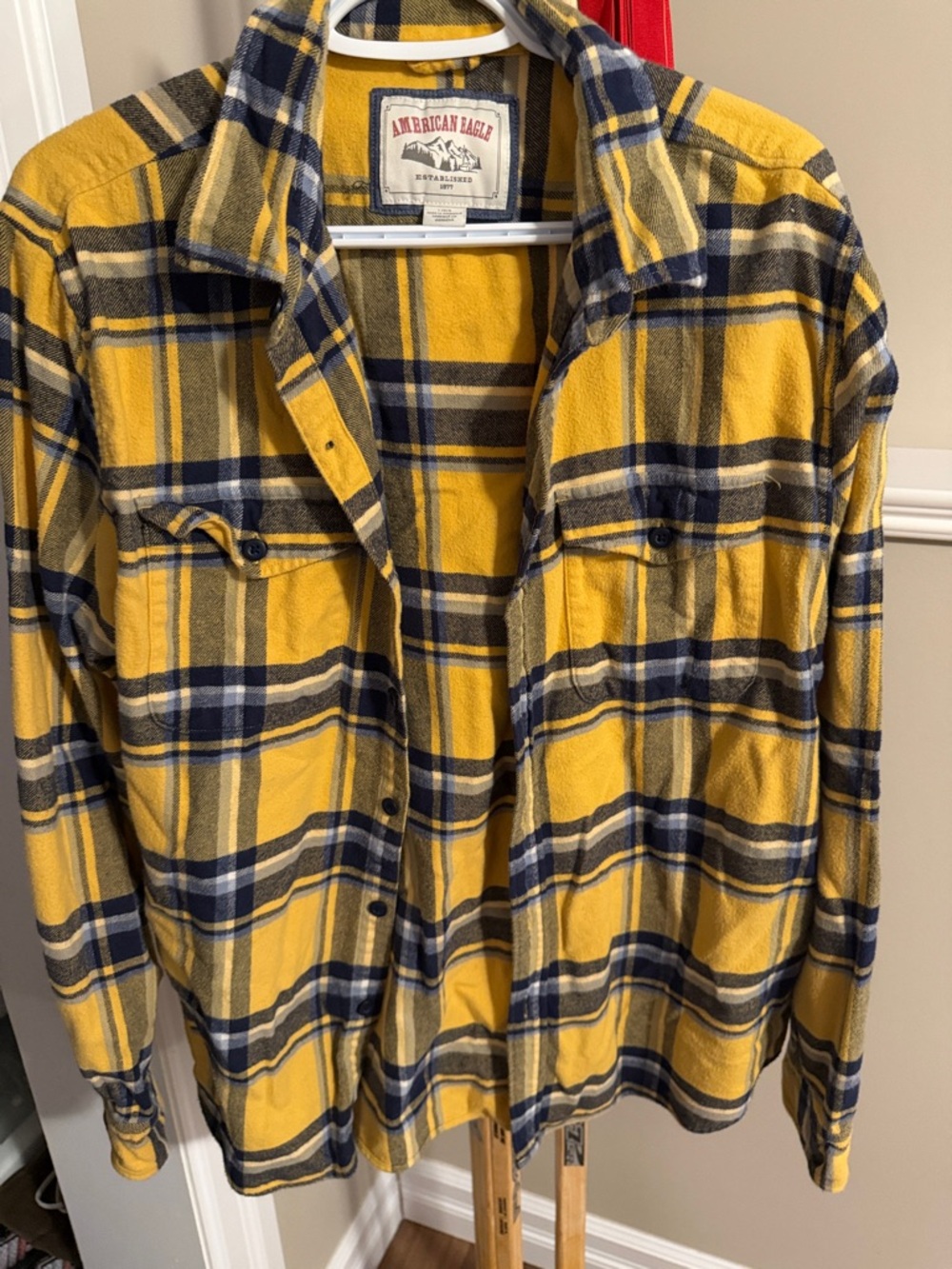 American Eagle Outfitters Men's Yellow and Navy Plaid Button-Down Shirt